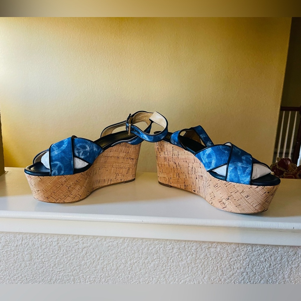 MK Michael Kors blue cork wedge heels